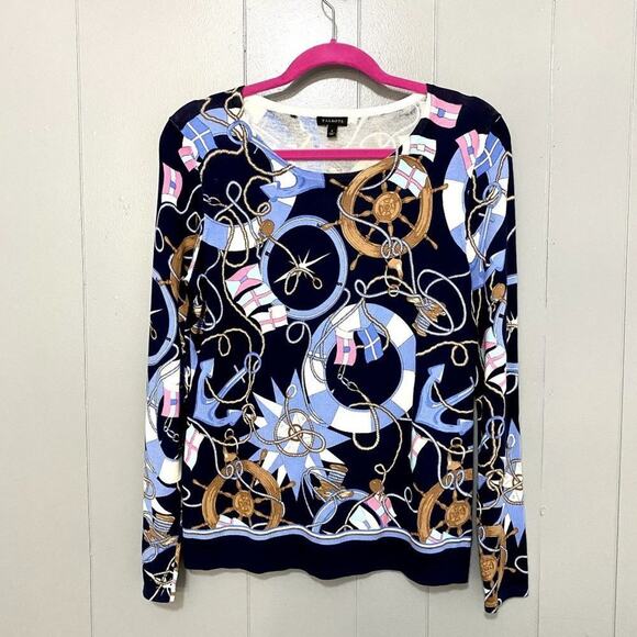 Talbots Navy Nautical Status Print Crewneck Long Sleeve Classic Preppy Sweater S - Picture 2 of 7